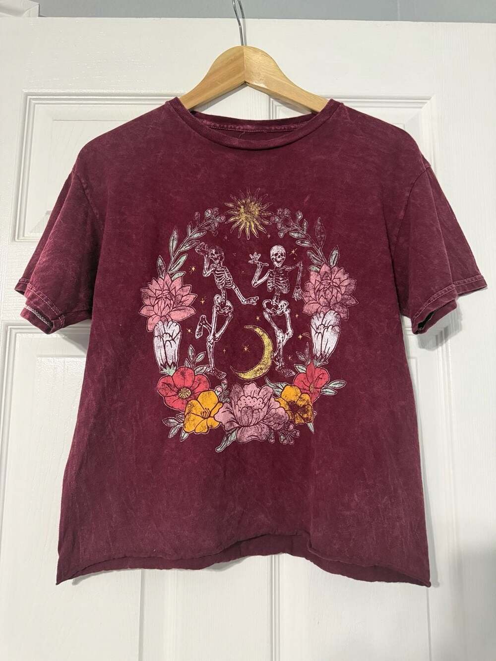 Fifth Sun Women's Skeleton Floral Moon Graphic T-Shirt Maroon Washed